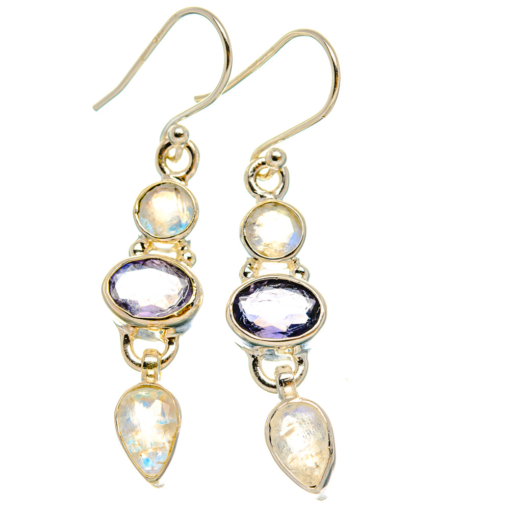 Anasilvercos Faceted Tanzanite, Rainbow Moonstone Earrings 1 3/4" (925 Sterling Silver)