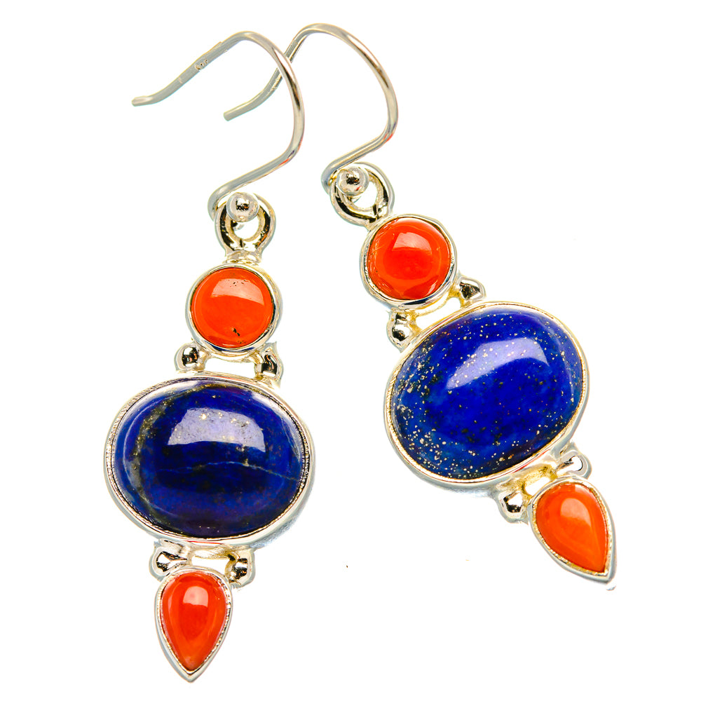 Lapis Lazuli, Red Coral 925 Sterling Silver Earrings 1 5/8" (925 Sterling Silver) EARR431923