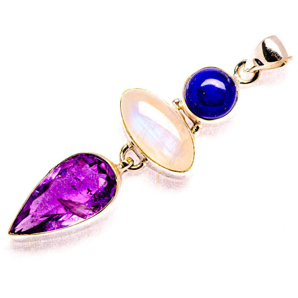 Faceted Amethyst, Rainbow Moonstone, Lapis Lazuli Pendant 2 3/8" (925 Sterling Silver) PD37597