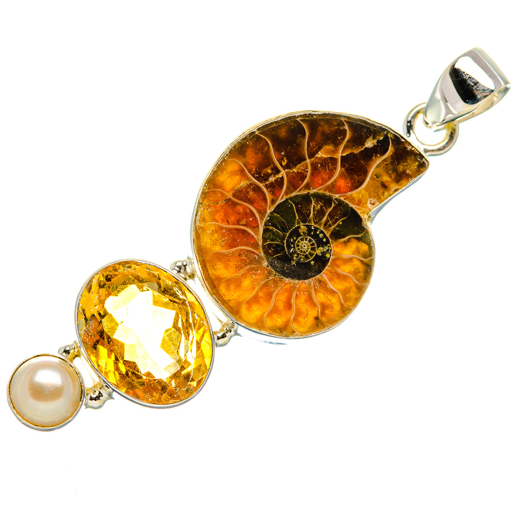 Ammonite Fossil, Citrine, Cultured Pearl Pendant 2" (925 Sterling Silver) PD36995