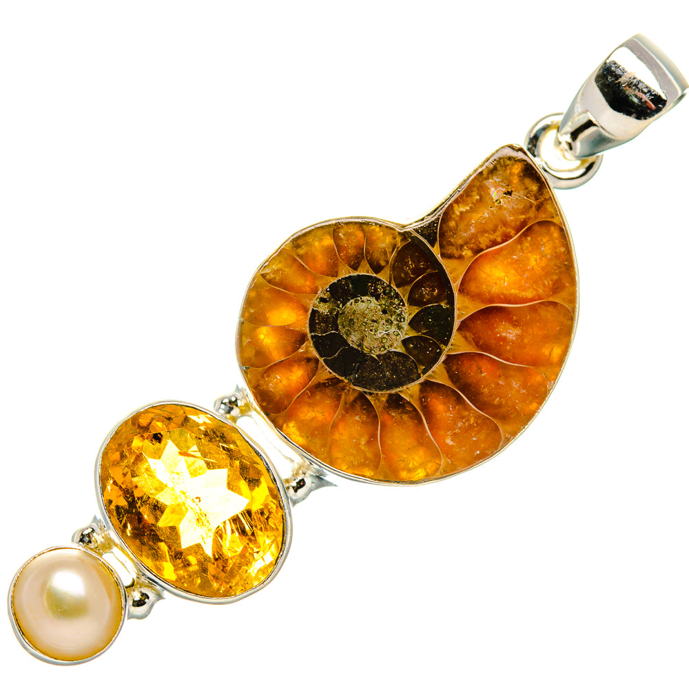 Ammonite Fossil, Citrine, Cultured Pearl Pendant 2" (925 Sterling Silver) PD37063