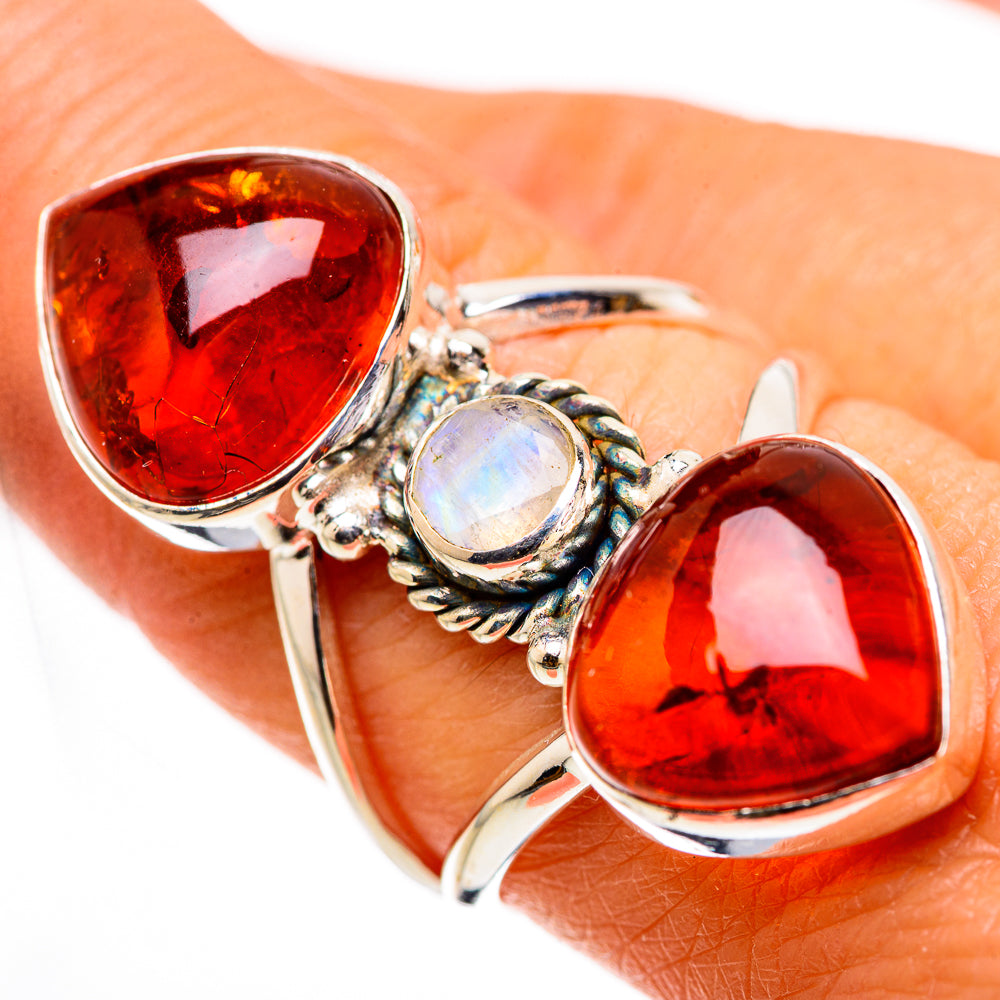 Large Baltic Amber, Rainbow Moonstone Ring Size 8 (925 Sterling Silver) RING134699