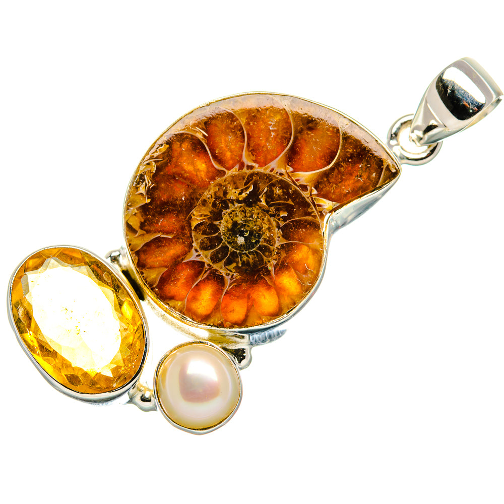 Ammonite Fossil, Citrine, Cultured Pearl Pendant 1 3/4" (925 Sterling Silver) PD37070