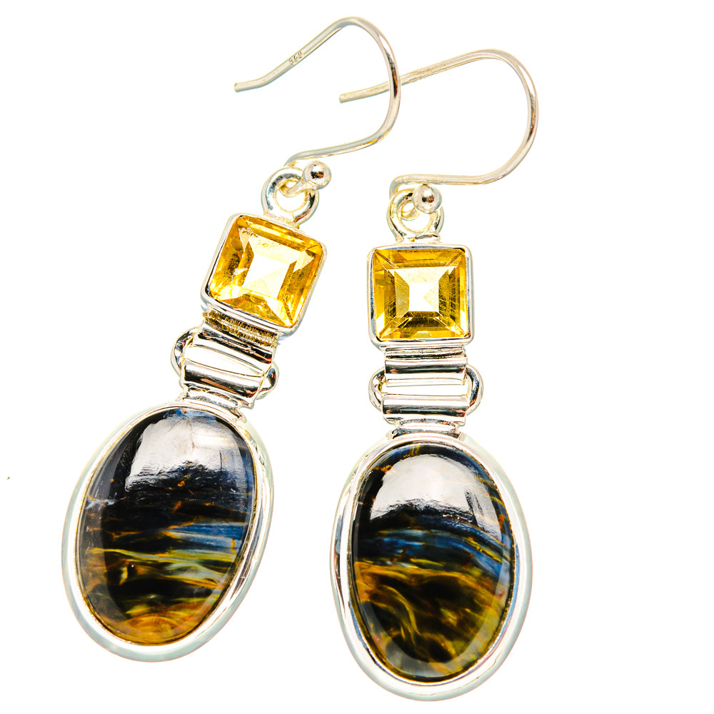 Pietersite, Citrine Earrings 1 7/8" (925 Sterling Silver) EARR431594
