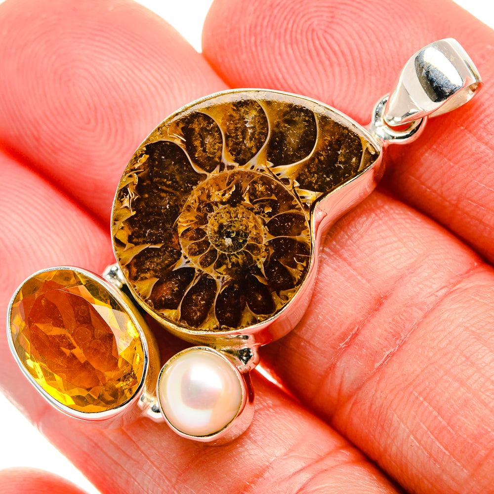 Ammonite Fossil, Citrine, Cultured Pearl Pendant 1 3/4" (925 Sterling Silver) PD37070
