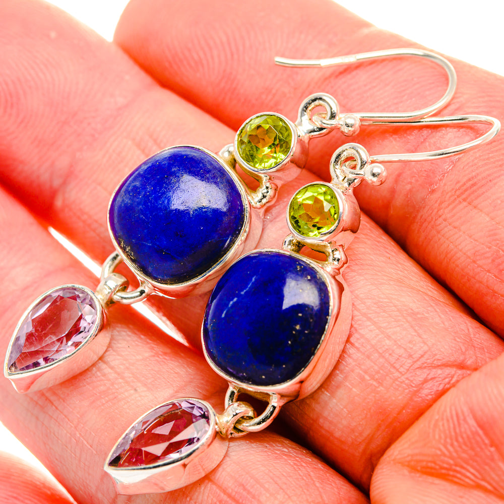 Lapis Lazuli, Pink Amethyst, Peridot 925 Sterling Silver Earrings 2" (925 Sterling Silver) EARR431922