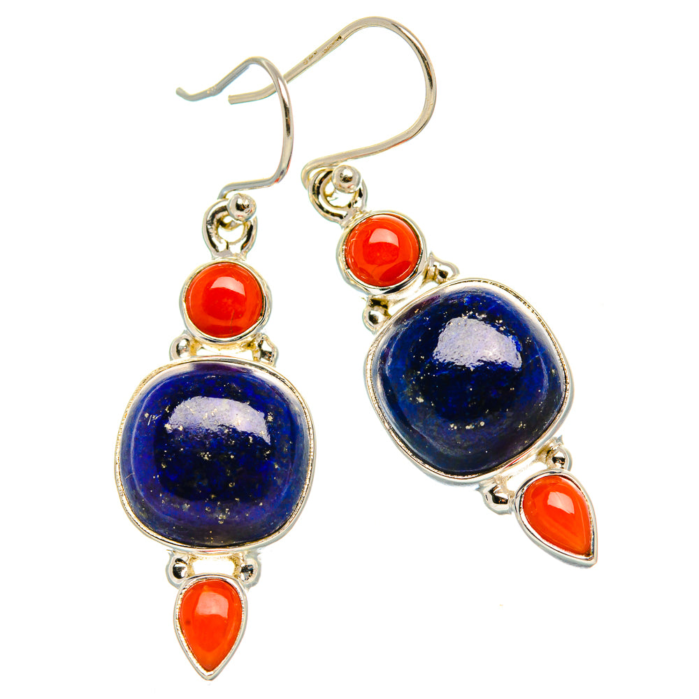 Lapis Lazuli, Red Coral 925 Sterling Silver Earrings 1 3/4" (925 Sterling Silver) EARR431925