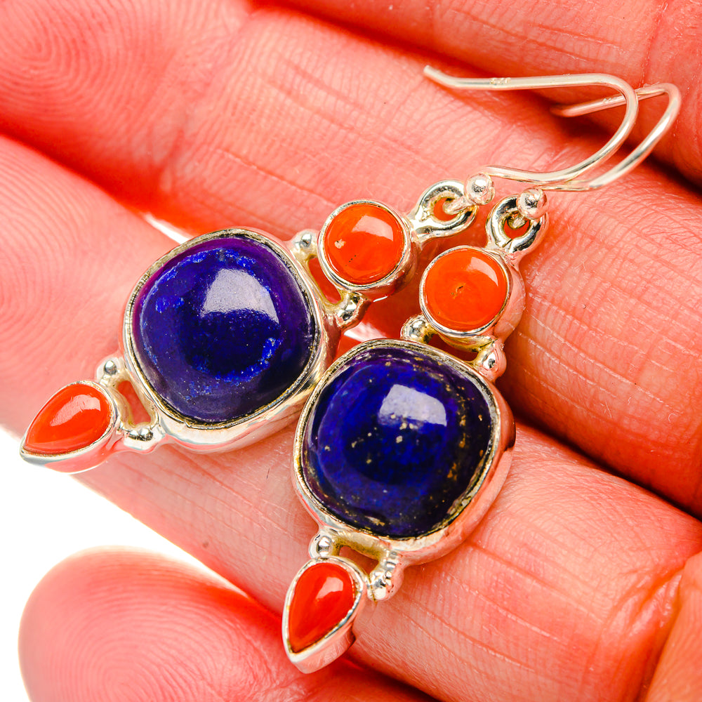 Lapis Lazuli, Red Coral Earrings 1 3/4" (925 Sterling Silver) EARR431886