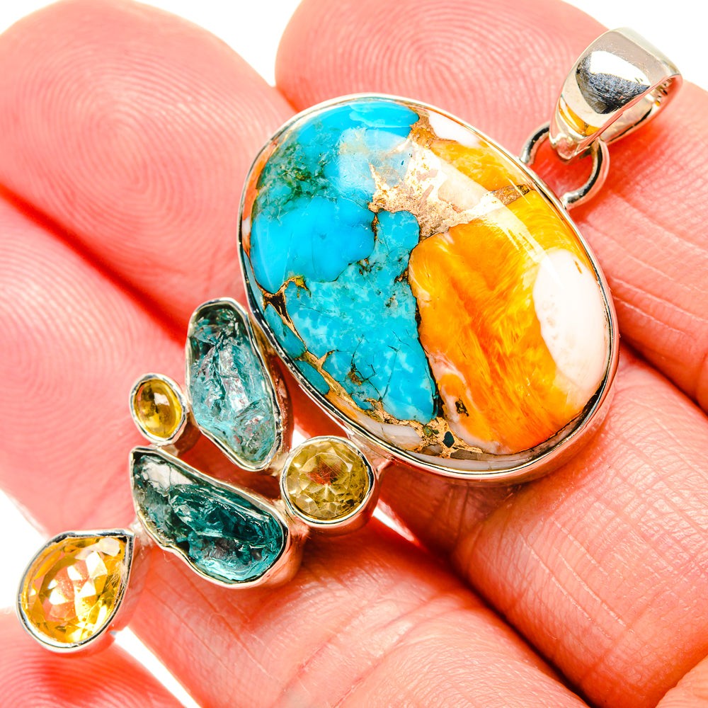 Spiny Oyster Turquoise, Apatite, Citrine Pendant 2 1/4" (925 Sterling Silver) PD36370