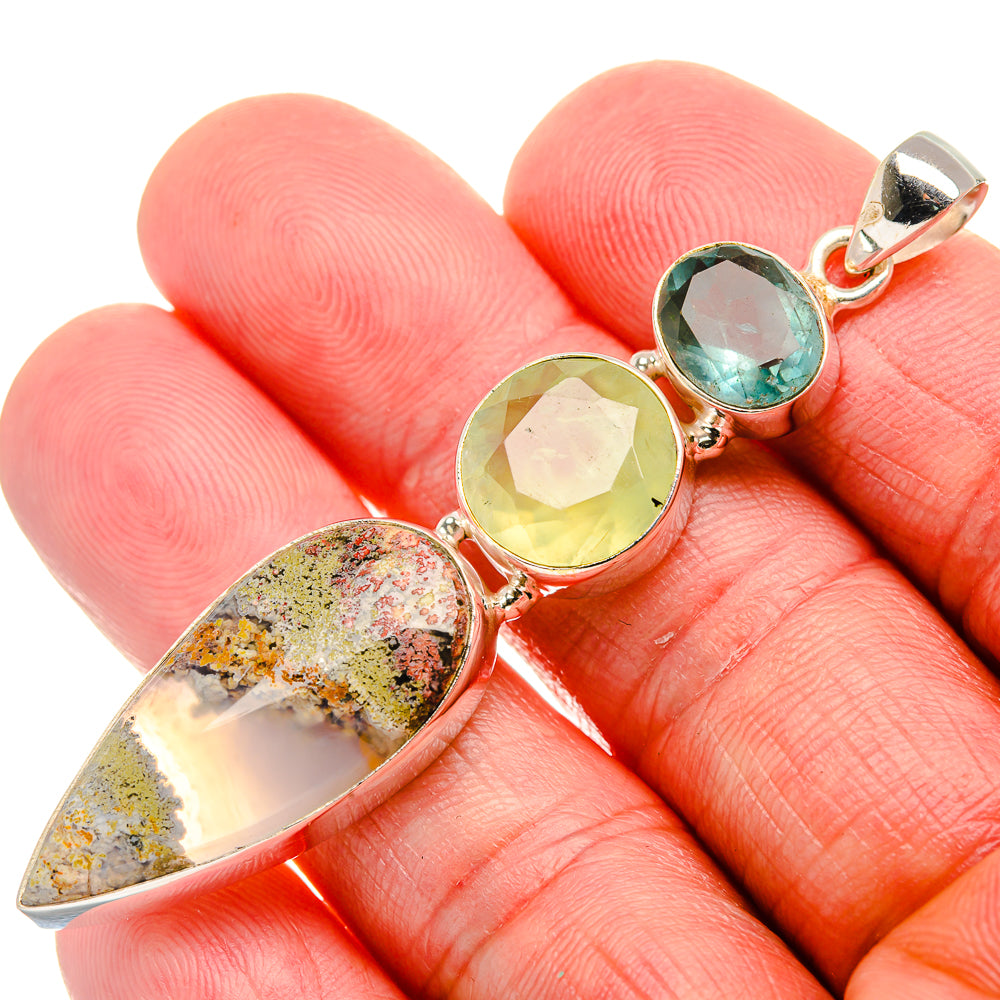 Indonesian Plume Agate, Prehnite, Aquamarine Pendant 2 5/8" (925 Sterling Silver) PD37600