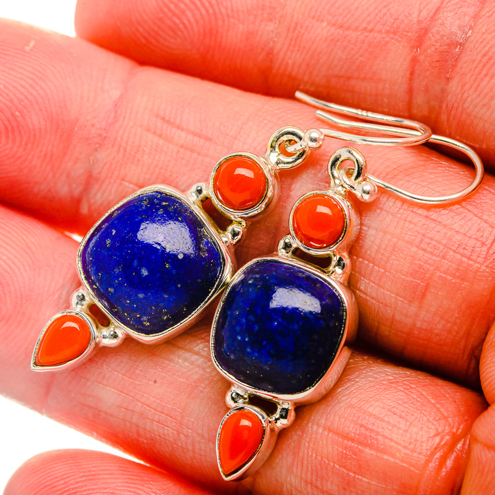 Lapis Lazuli, Red Coral 925 Sterling Silver Earrings 1 5/8" (925 Sterling Silver) EARR431940