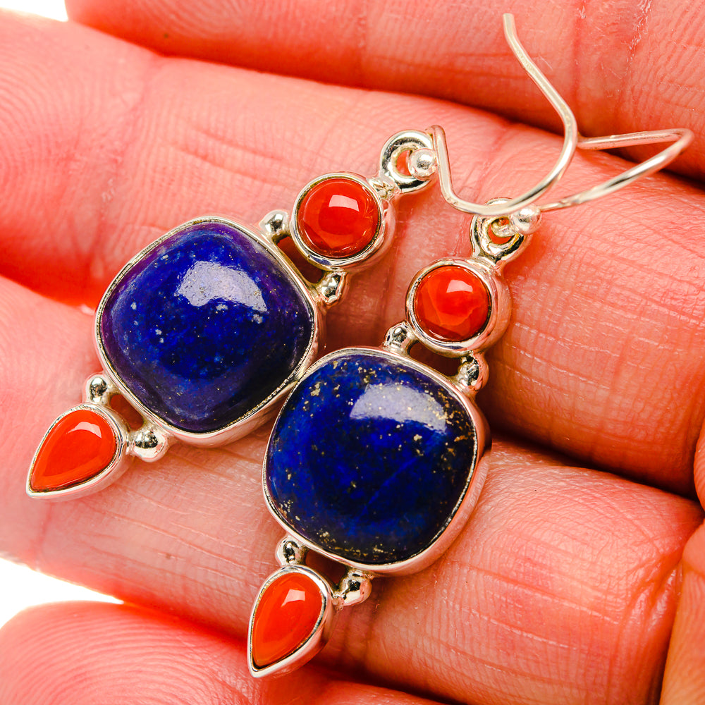 Lapis Lazuli, Red Coral 925 Sterling Silver Earrings 1 5/8" (925 Sterling Silver) EARR431921
