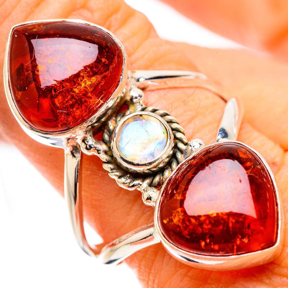 Large Baltic Amber, Moonstone 925 Sterling Silver Ring Size 9.75 R135385