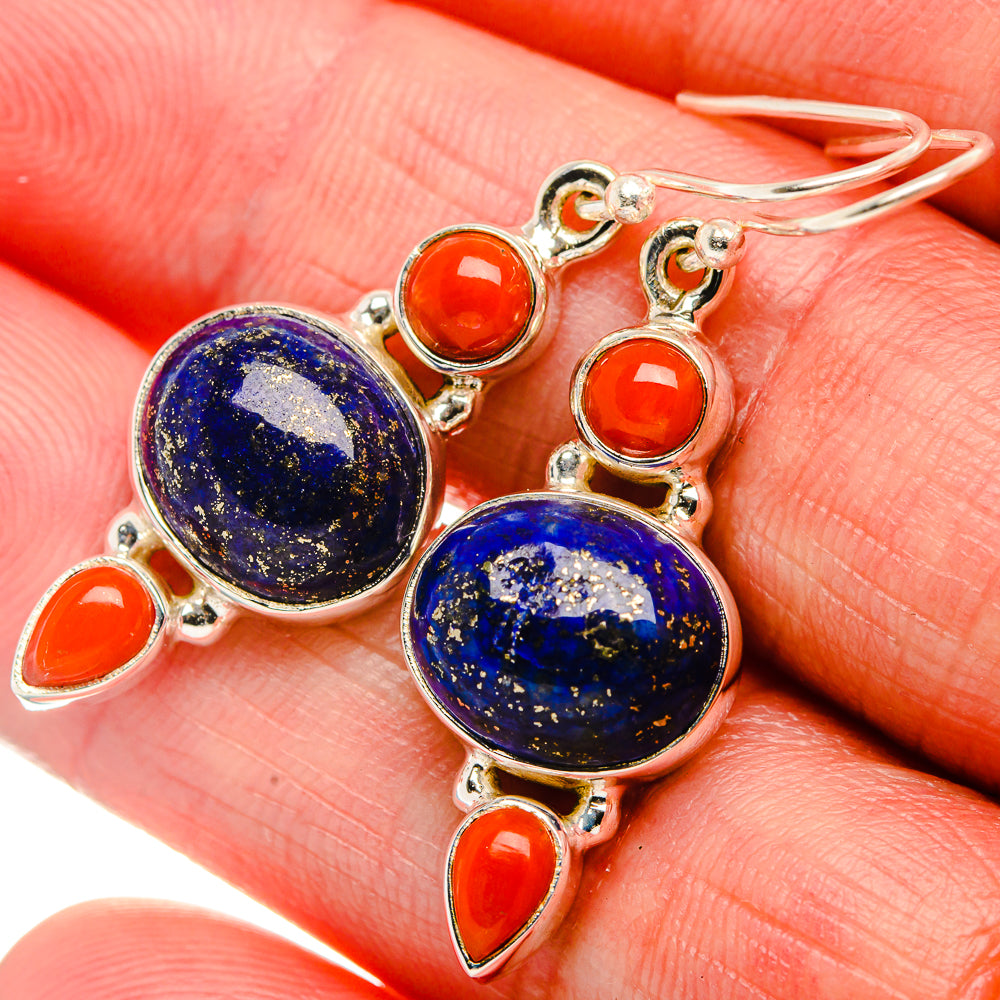 Lapis Lazuli, Red Coral Earrings 1 5/8" (925 Sterling Silver) EARR431866