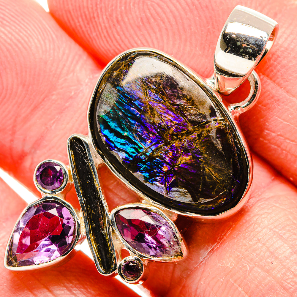 Ammolite, Amethyst, Black Onyx Pendant 1 1/2" (925 Sterling Silver) PD36756