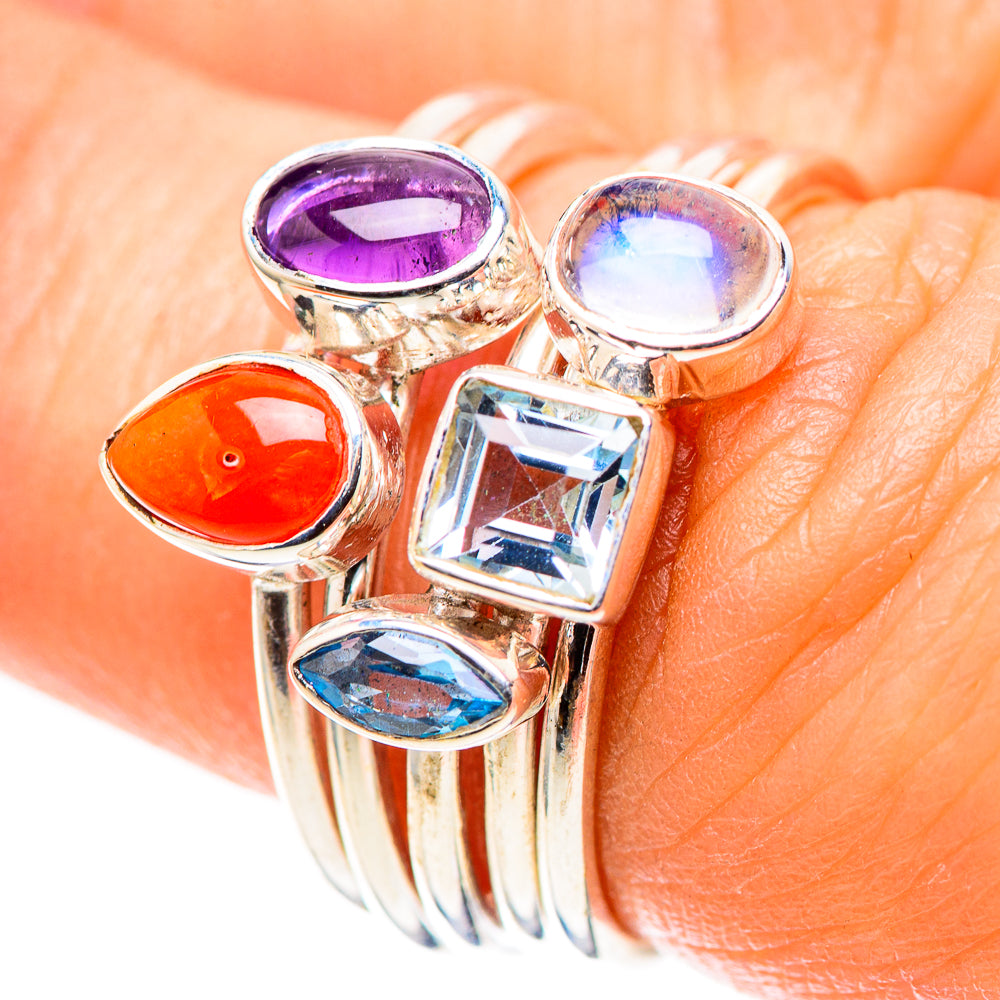 Amethyst, Carnelian, Blue Topaz, Rainbow Moonstone Ring Size 6.25 (925 Sterling Silver) RING136902