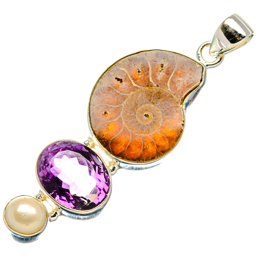 Ammonite Fossil, Amethyst, Cultured Pearl Pendant 2 1/4" (925 Sterling Silver) PD37128