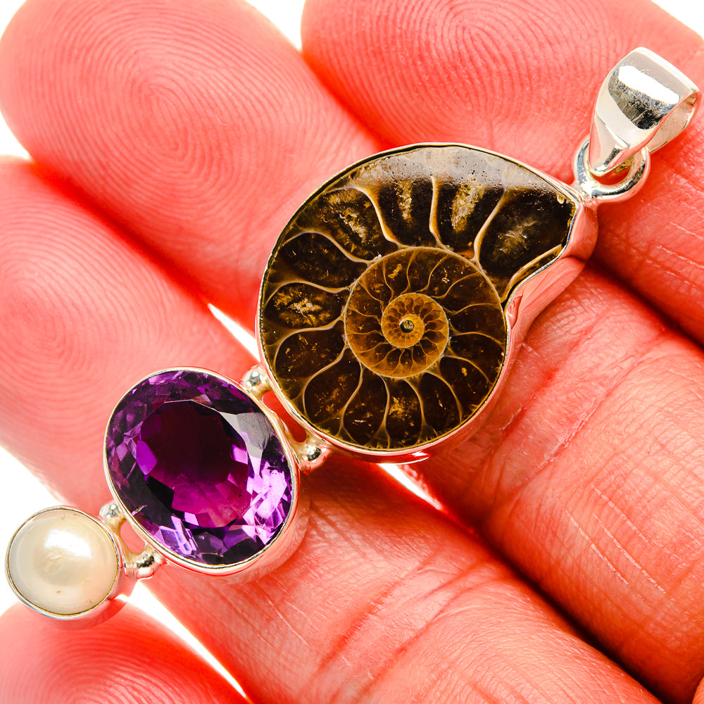 Ammonite Fossil, Amethyst, Cultured Pearl Pendant 2 1/4" (925 Sterling Silver) PD37128
