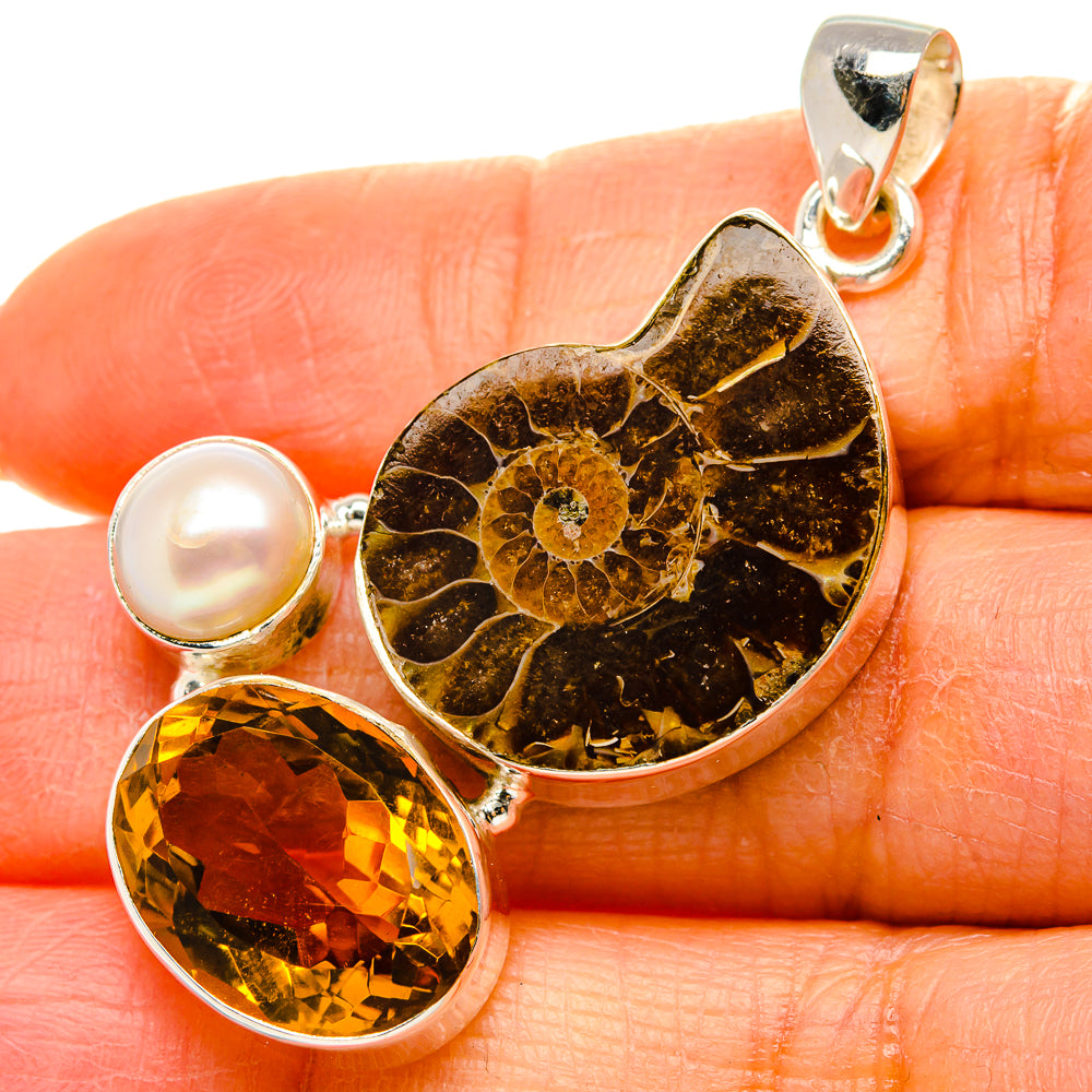Ammonite Fossil, Citrine, Cultured Pearl Pendant 2"  (925 Sterling Silver) PD37274