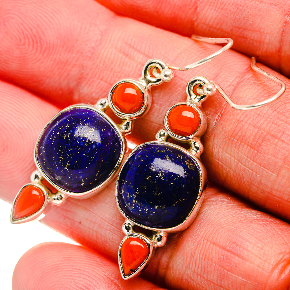 Lapis Lazuli, Red Coral Earrings 1 5/8" (925 Sterling Silver) EARR431900