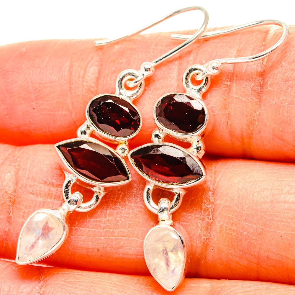 Garnet, Rainbow Moonstone Earrings 1 3/4" (925 Sterling Silver) EARR431593