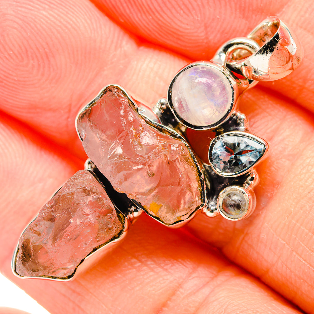Rough Rose Quartz, Rainbow Moonstone, Blue Topaz Pendant 1 3/4" (925 Sterling Silver) PD36735
