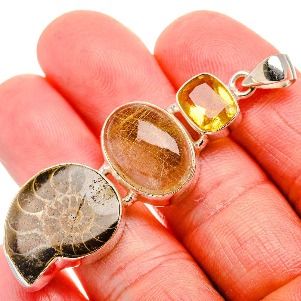 Ammonite Fossil, Rutilated Quartz, Citrine Pendant 2 3/8" (925 Sterling Silver) PD37479