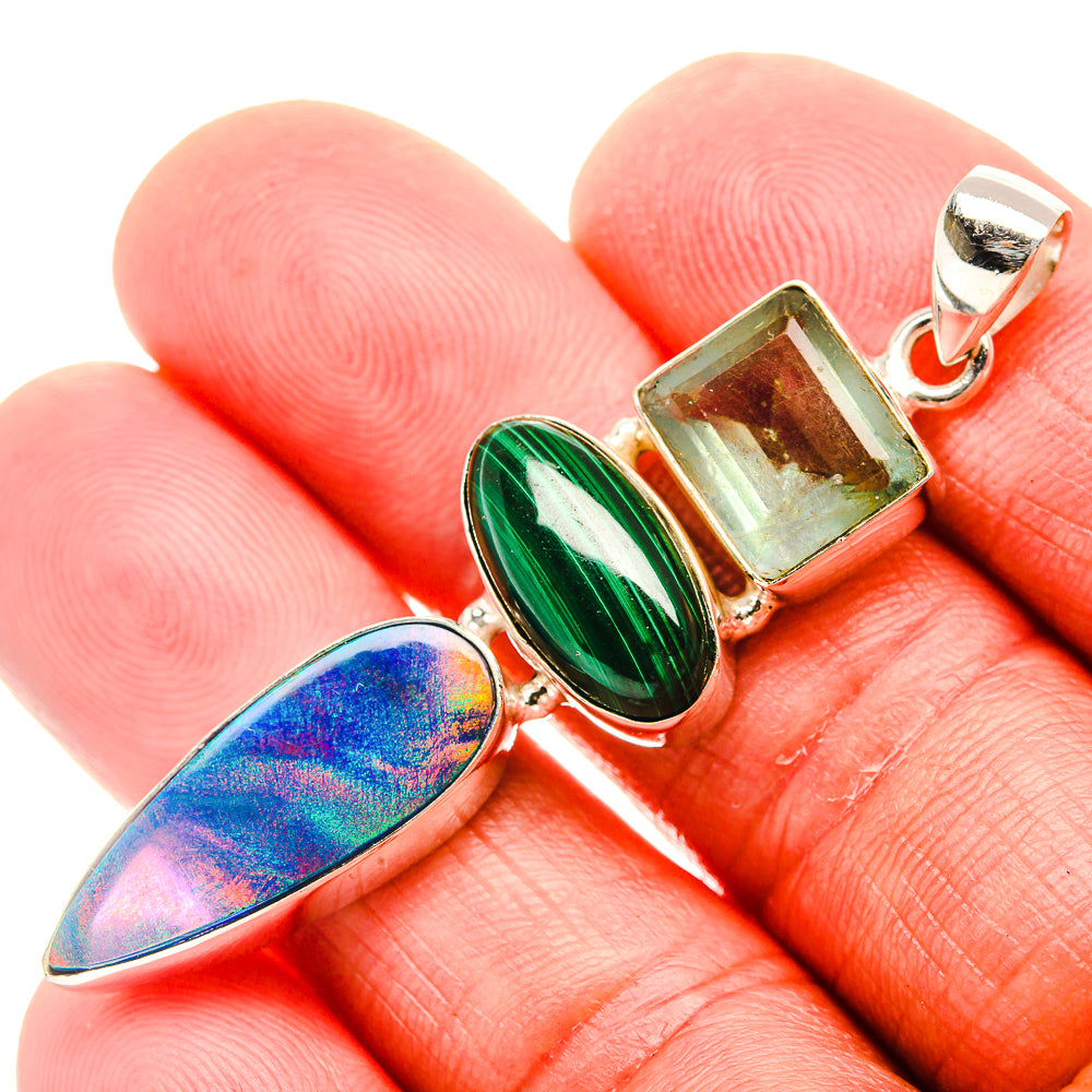 Aura Opal, Malachite, Prehnite 925 Sterling Silver Pendant 2 1/4" Ana Co P37397