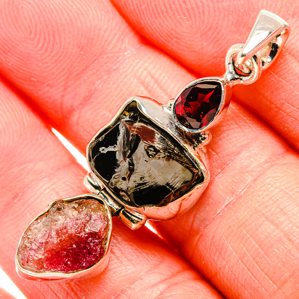 Rough Shungite, Pink Tourmaline, Garnet Pendant 1 7/8" (925 Sterling Silver) PD36826