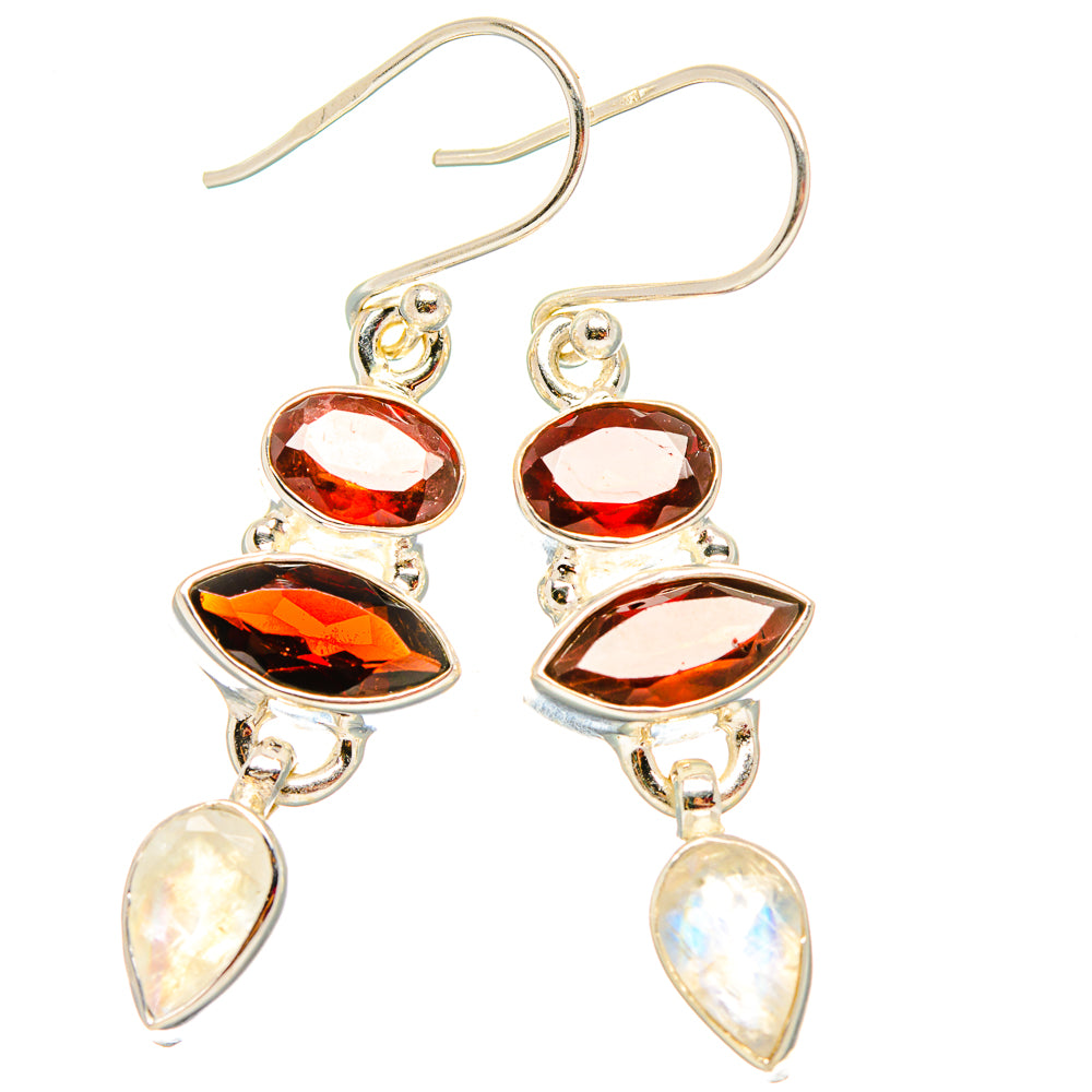 Garnet, Rainbow Moonstone Earrings 1 3/4" (925 Sterling Silver) EARR431604