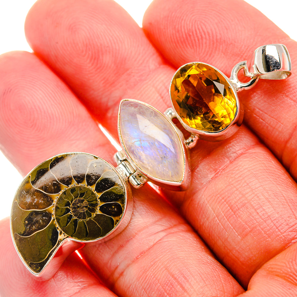 Ammonite Fossil, Rainbow Moonstone, Citrine Pendant 2 3/8" (925 Sterling Silver) PD37431
