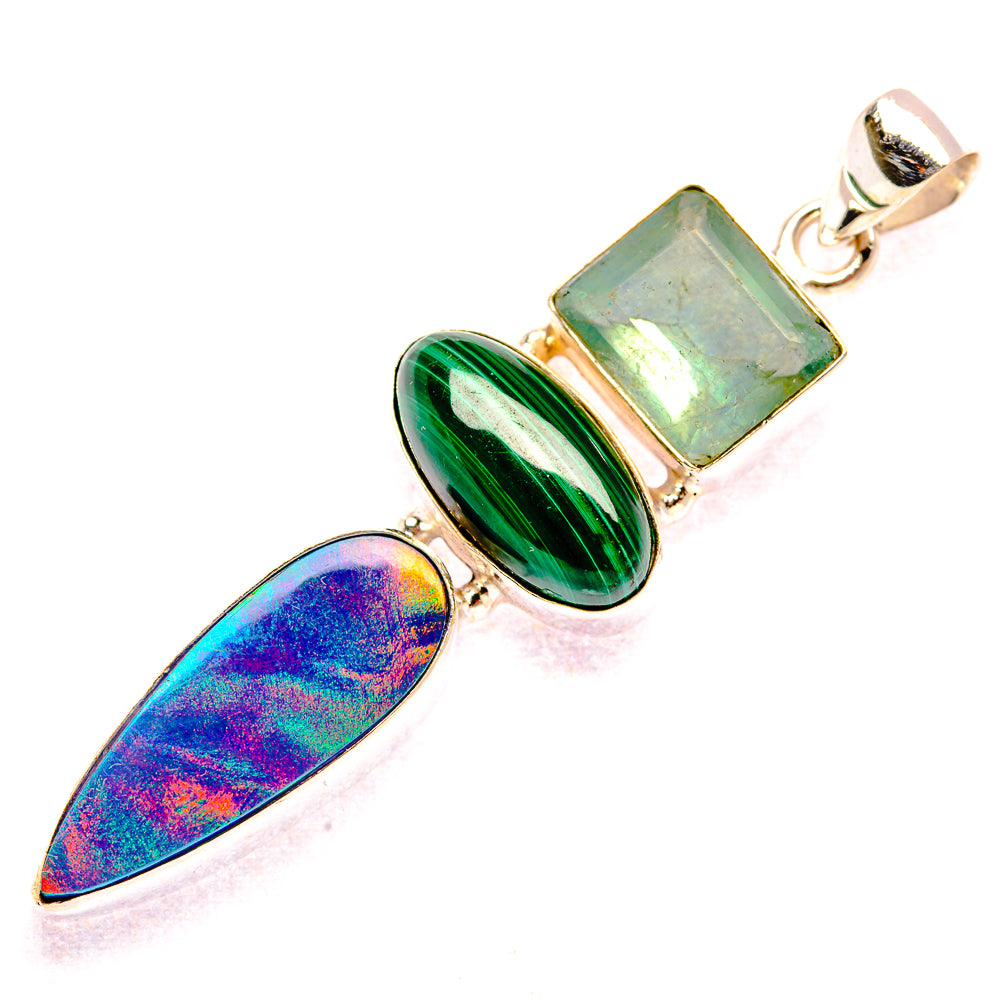 Aura Opal, Malachite, Prehnite 925 Sterling Silver Pendant 2 1/4" Ana Co P37397