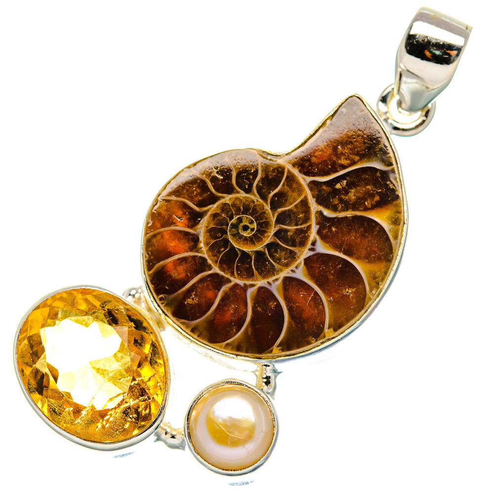 Ammonite Fossil, Citrine, Cultured Pearl Pendant 1 3/4"  (925 Sterling Silver) PD37231