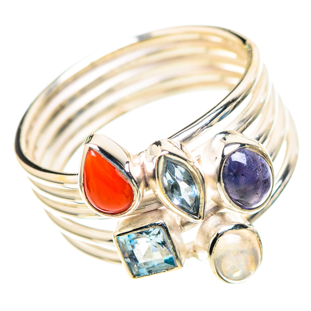 Red Coral, Tanzanite, Blue Topaz, Rainbow Moonstone Ring Size 8.75 (925 Sterling Silver) RING136819