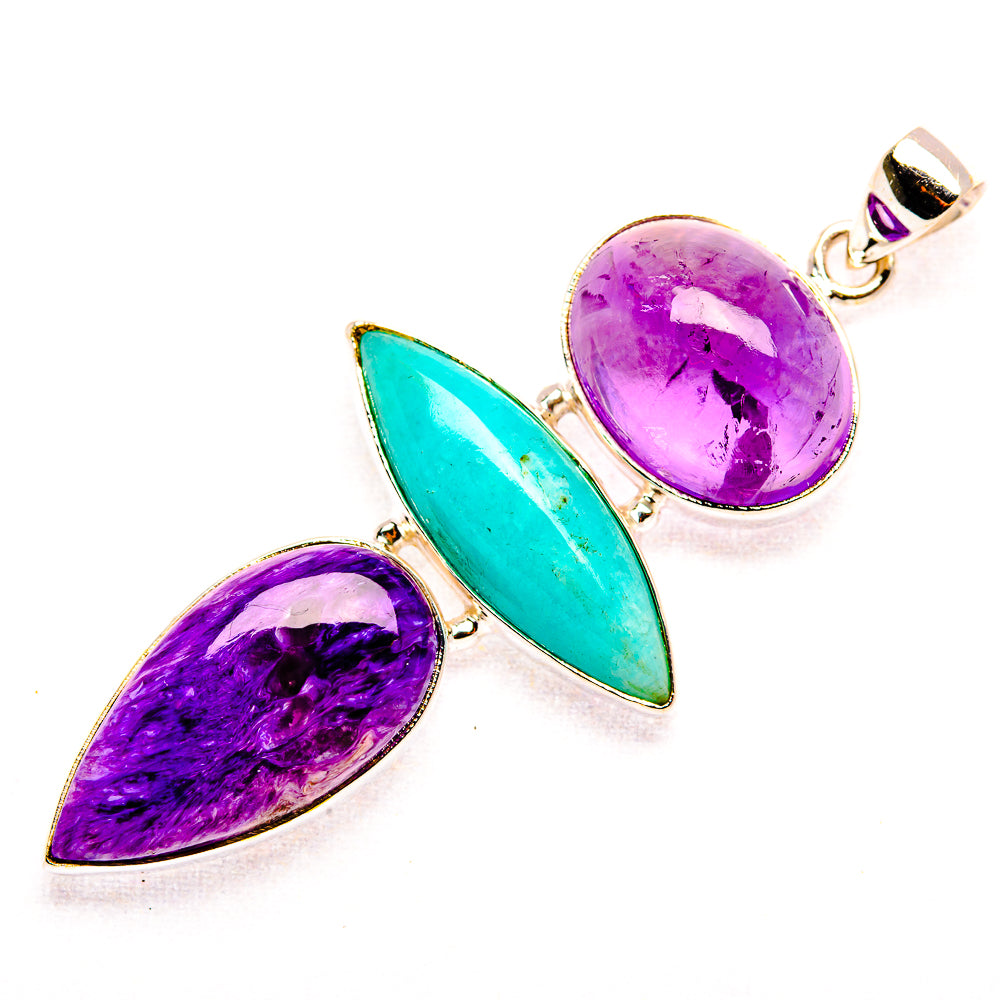 Charoite, Amazonite, Amethyst 925 Sterling Silver Pendant 2 1/2" (925 Sterling Silver) PD37707