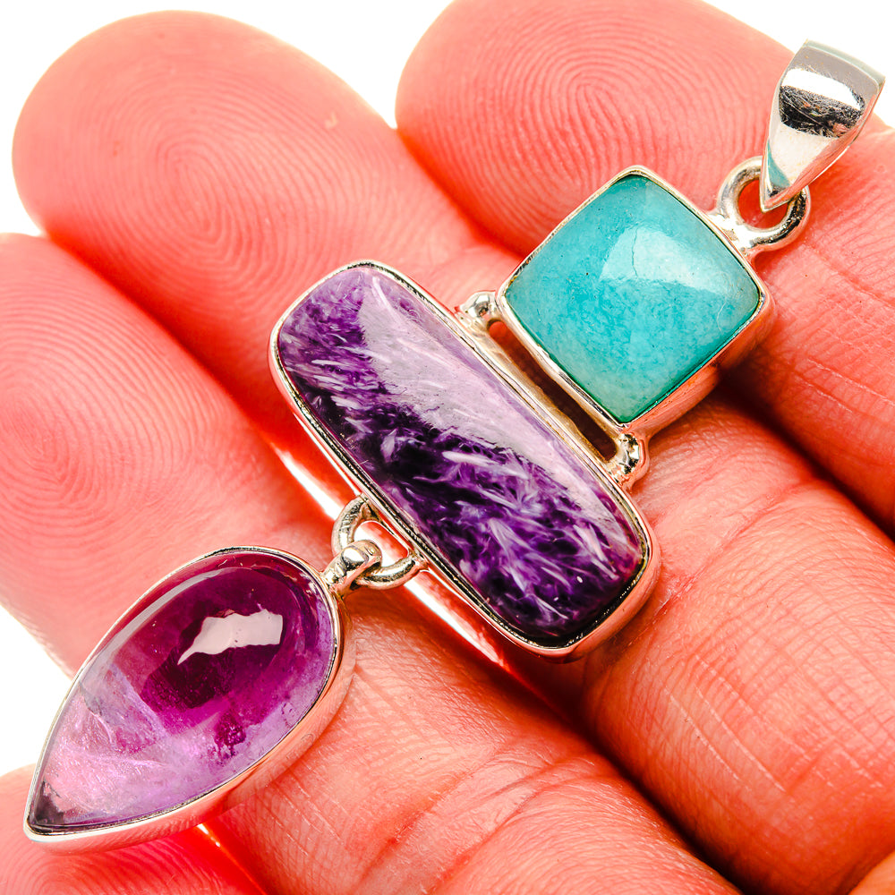 Charoite, Amethyst, Amazonite 925 Sterling Silver Pendant 2 3/8" (925 Sterling Silver) PD37743