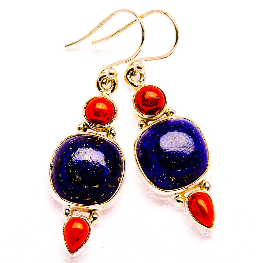 Lapis Lazuli, Red Coral 925 Sterling Silver Earrings 1 5/8" (925 Sterling Silver) EARR431947
