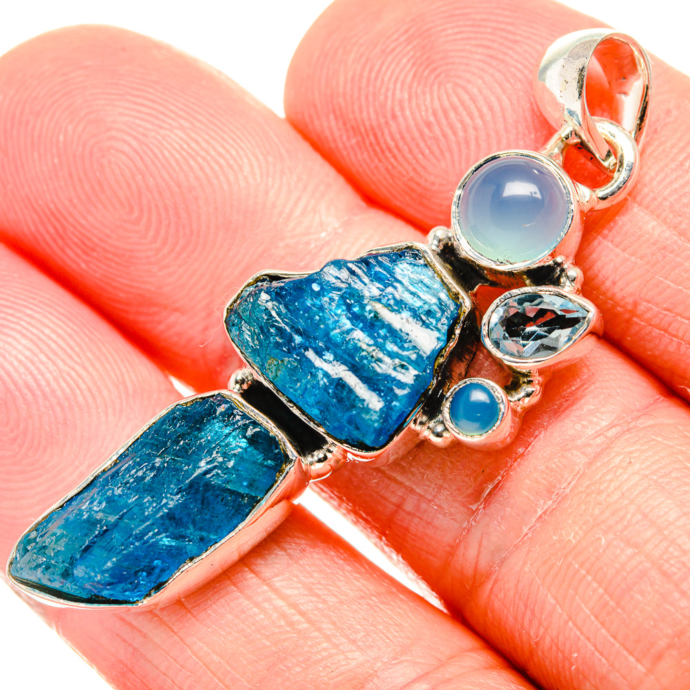 Rough Blue Fluorite, Aqua Chalcedony, Blue Topaz Pendant 2" (925 Sterling Silver) PD36776
