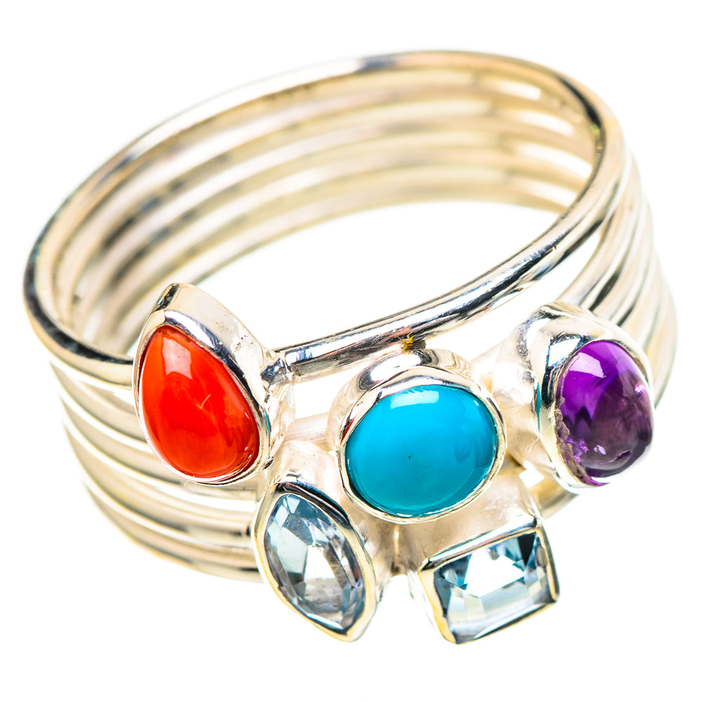 Larimar, Amethyst, Blue Topaz, Red Coral Ring Size 9 (925 Sterling Silver) RING136608