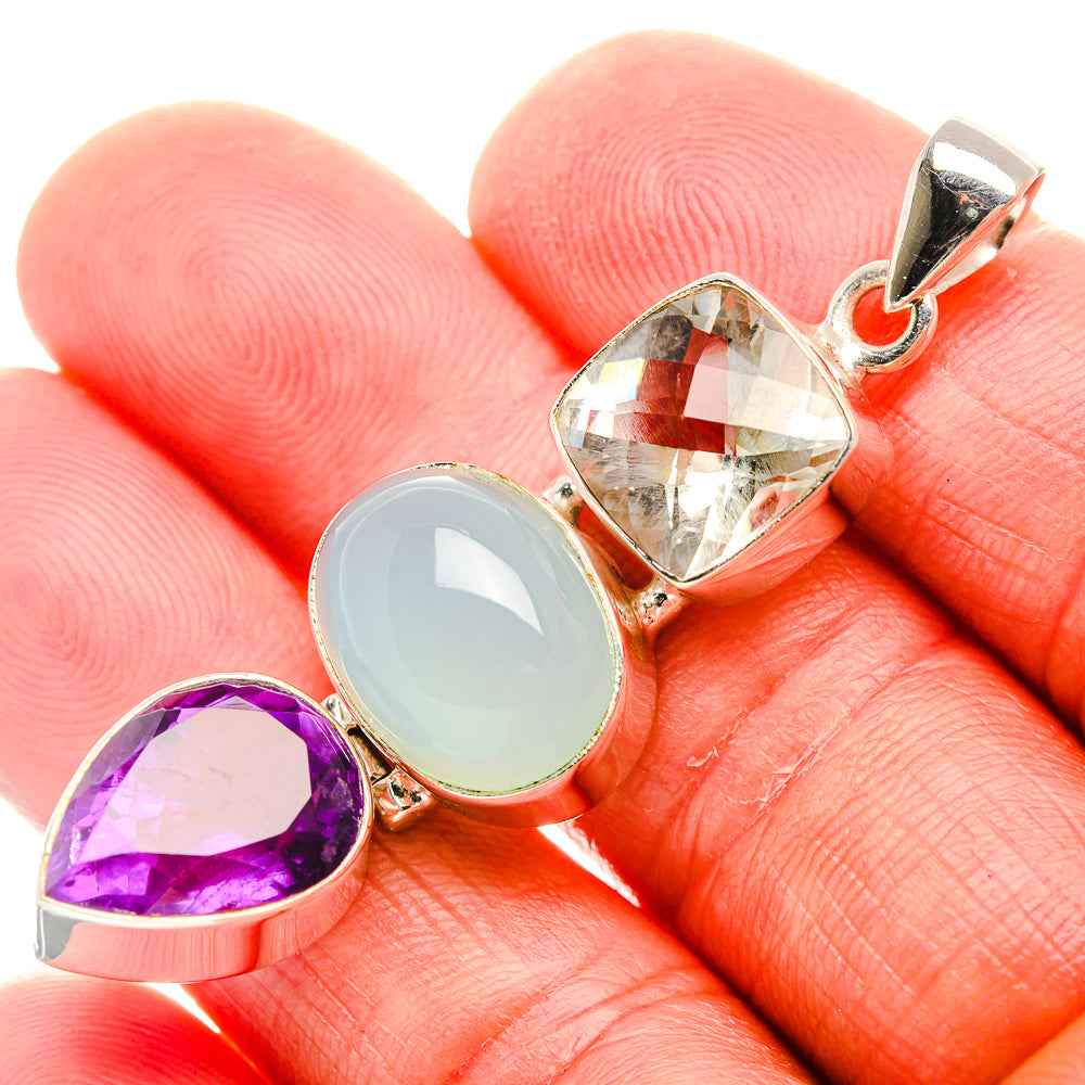 Natural Aquamarine, Amethyst, Green Amethyst Pendant 2 1/4" (925 Sterling Silver) PD37395