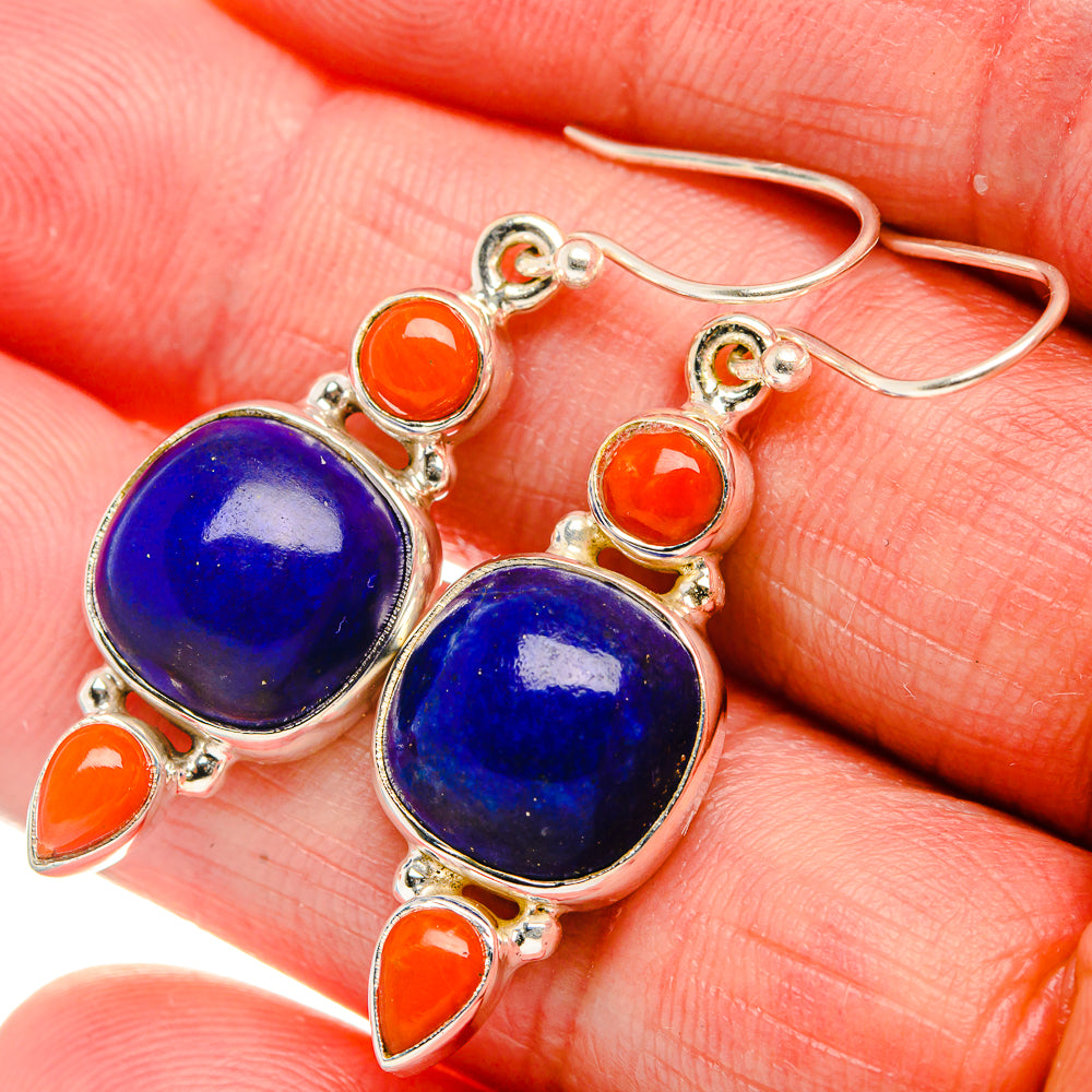 Lapis Lazuli, Red Coral Earrings 1 5/8" (925 Sterling Silver) EARR431888