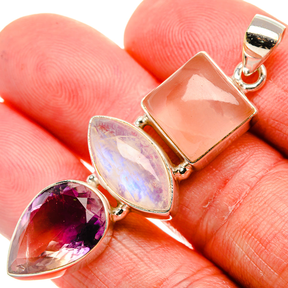 Faceted Ametrine, Rose Quartz, Rainbow Moonstone Pendant 2 1/8" (925 Sterling Silver) PD37475