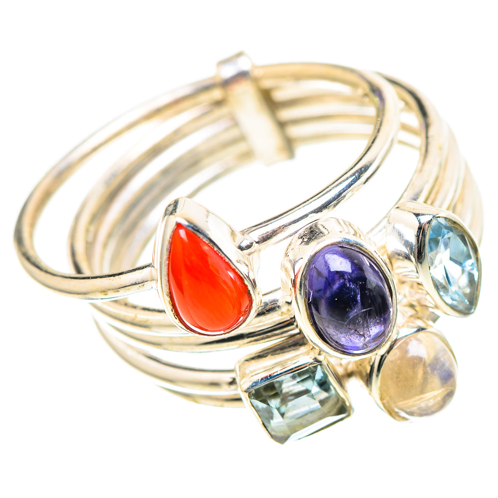 Red Coral, Tanzanite, Blue Topaz, Rainbow Moonstone Ring Size 6.75 (925 Sterling Silver) RING136612