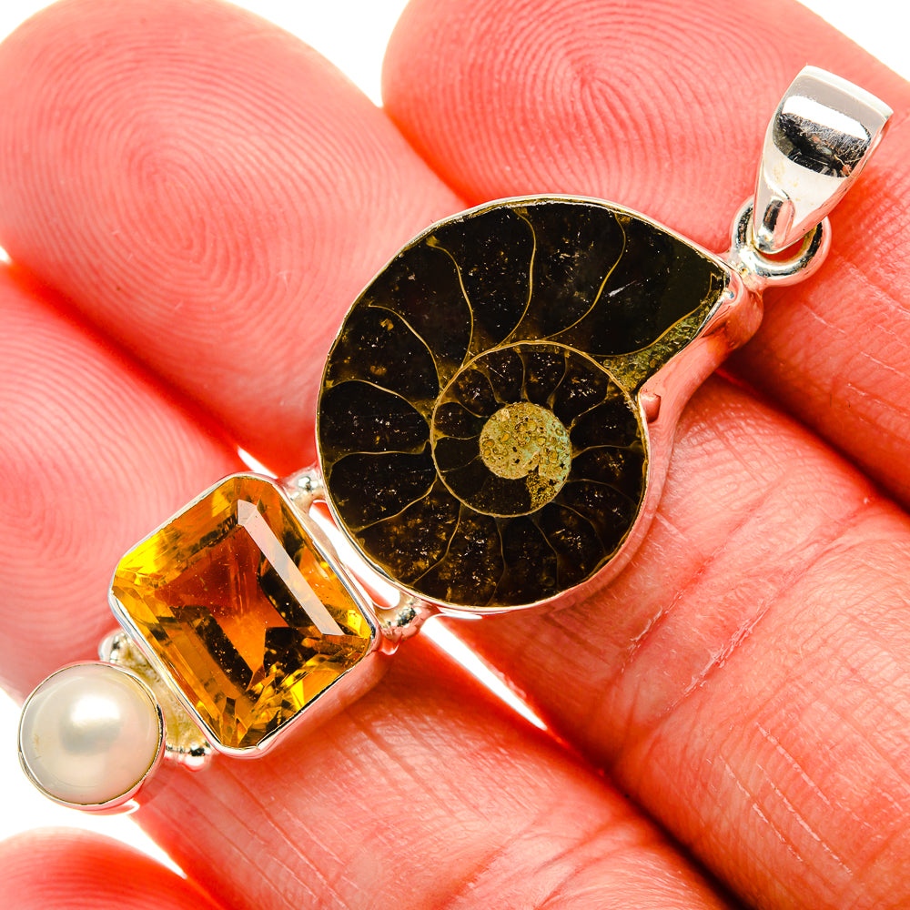 Ammonite Fossil, Citrine, Cultured Pearl Pendant 2" (925 Sterling Silver) PD37150