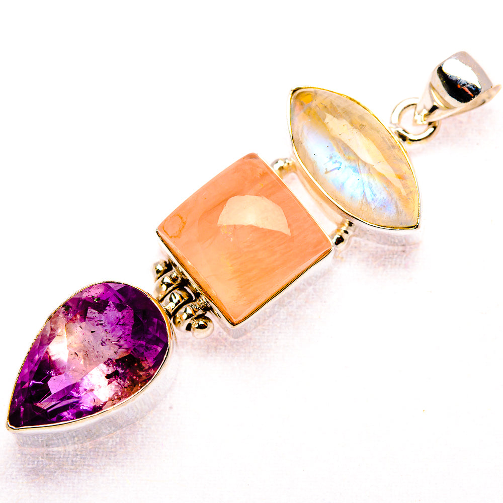 Faceted Amethyst, Rose Quartz, Rainbow Moonstone Pendant 2 3/8" (925 Sterling Silver) PD37482