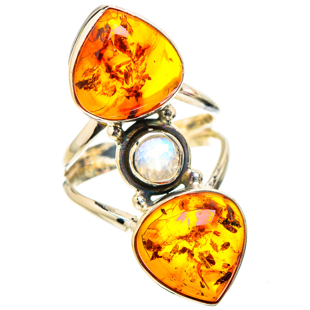Anasilvercos Large Baltic Amber, Rainbow Moonstone Ring Size 7 (925 Sterling Silver)