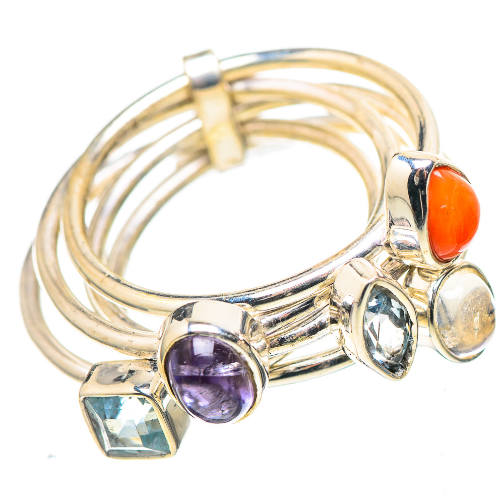Tanzanite, Red Coral, Rainbow Moonstone, Blue Topaz Ring Size 6.5 (925 Sterling Silver) RING136787