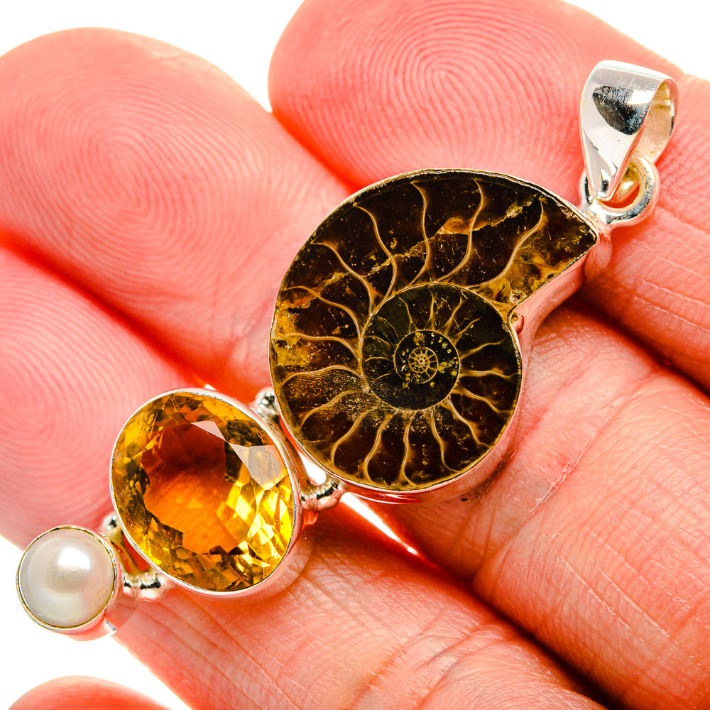 Ammonite Fossil, Citrine, Cultured Pearl Pendant 2" (925 Sterling Silver) PD36995