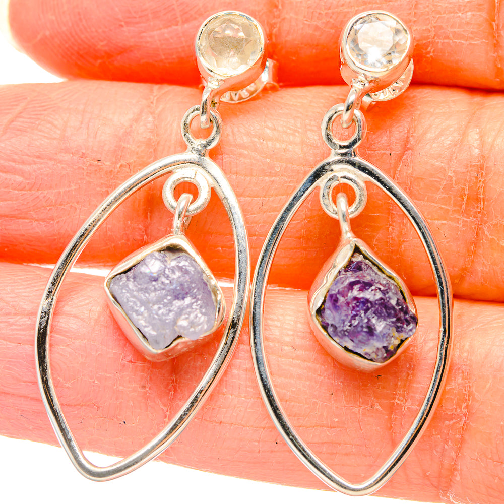 Rough Tanzanite, White Quartz Earrings 1 1/2" (925 Sterling Silver) EARR431512