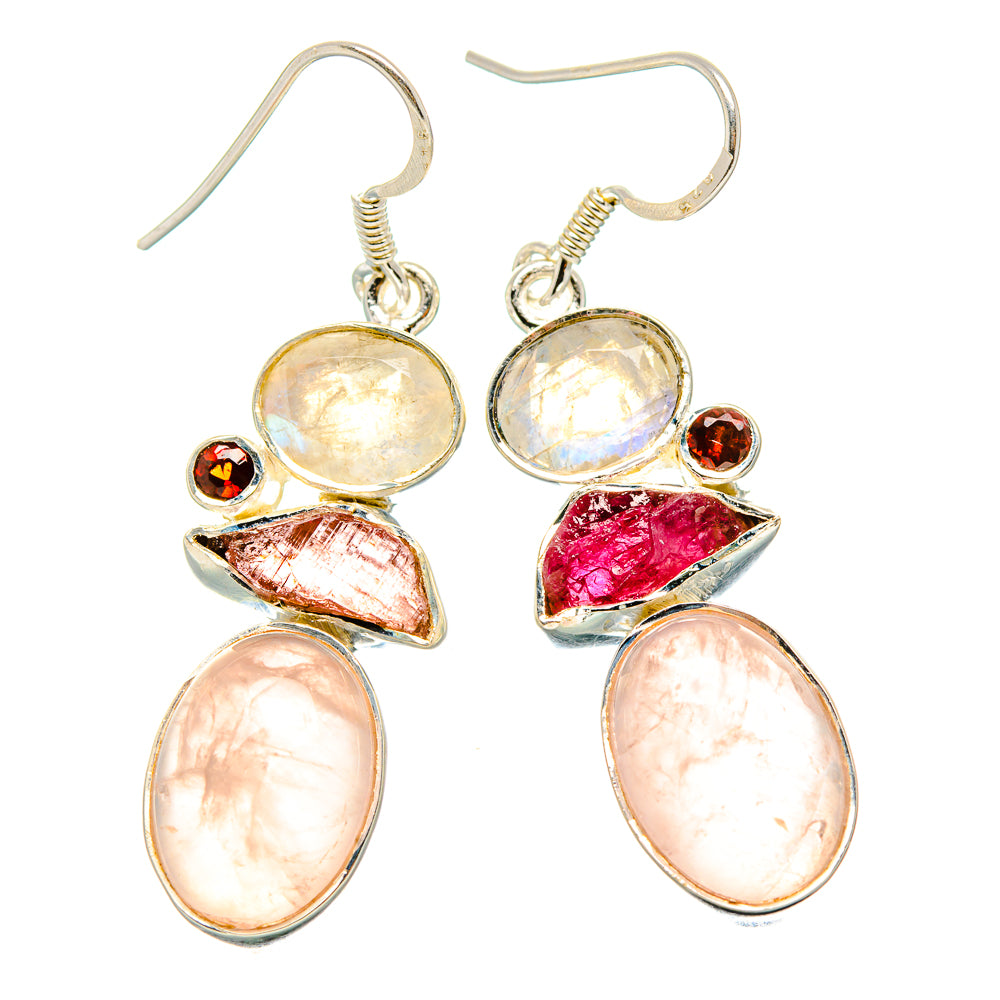 Rose Quartz, Pink Tourmaline, Garnet Earrings 1 7/8" (925 Sterling Silver) EARR431485